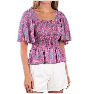 NWT Simply Southern Pink Seahorse Smocked Top With Ruffle Hem Size Large Coastal